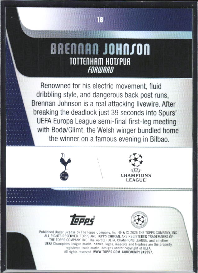 Brennan Johnson – 2025-26 Topps Chrome UEFA Club Competitions #18 – baksida