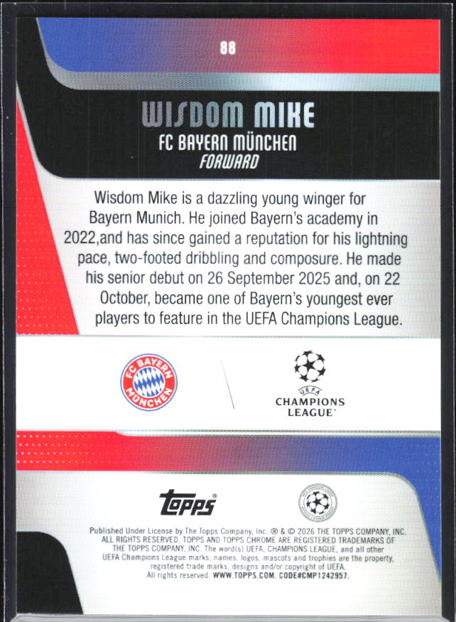Wisdom Mike – 2025-26 Topps Chrome UEFA Club Competitions #88 – baksida