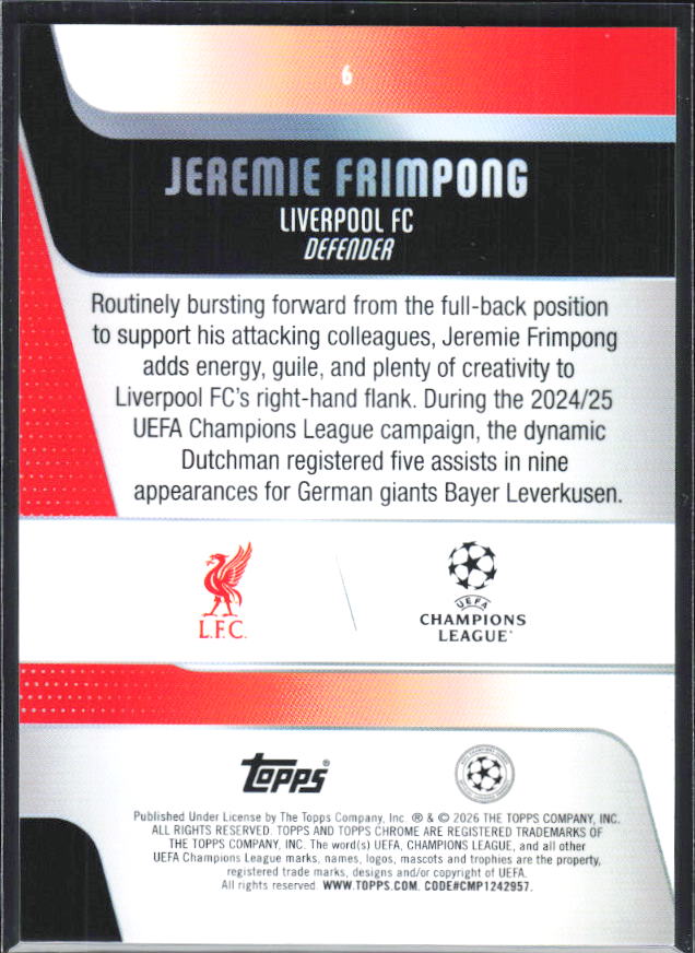 Jeremie Frimpong – 2025-26 Topps Chrome UEFA Club Competitions #6 – baksida