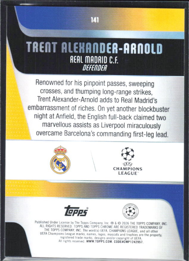 Trent Alexander-Arnold – 2025-26 Topps Chrome UEFA Club Competitions #141 – baksida