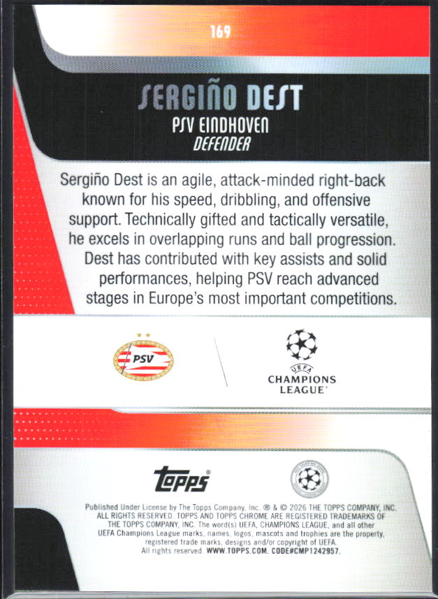 Sergiño Dest – 2025-26 Topps Chrome UEFA Club Competitions #169 – baksida