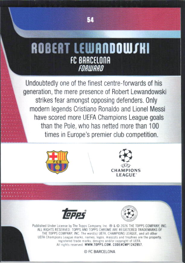 Robert Lewandowski – 2025-26 Topps Chrome UEFA Club Competitions #54 – baksida