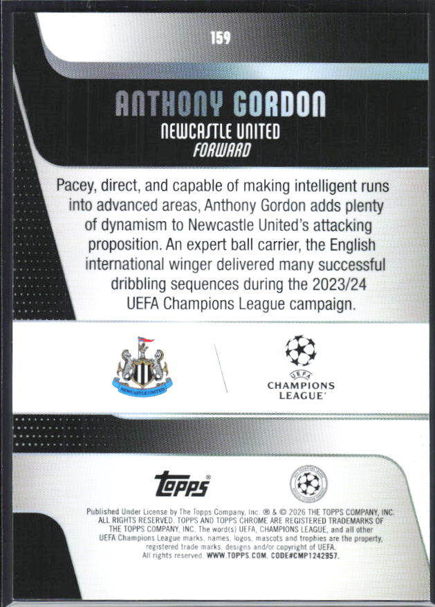Anthony Gordon – 2025-26 Topps Chrome UEFA Club Competitions #159 – baksida