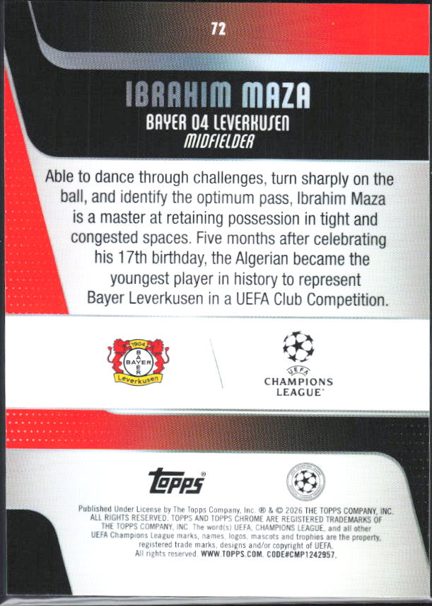Ibrahim Maza – 2025-26 Topps Chrome UEFA Club Competitions #72 – baksida