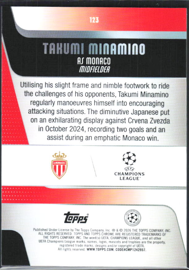 Takumi Minamino – 2025-26 Topps Chrome UEFA Club Competitions #123 – baksida