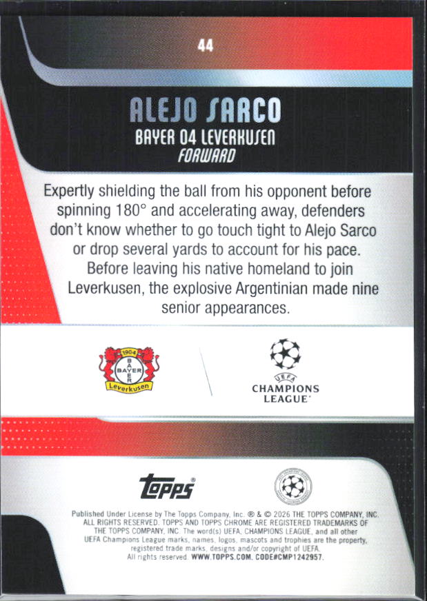 Alejo Sarco – 2025-26 Topps Chrome UEFA Club Competitions #44 – baksida