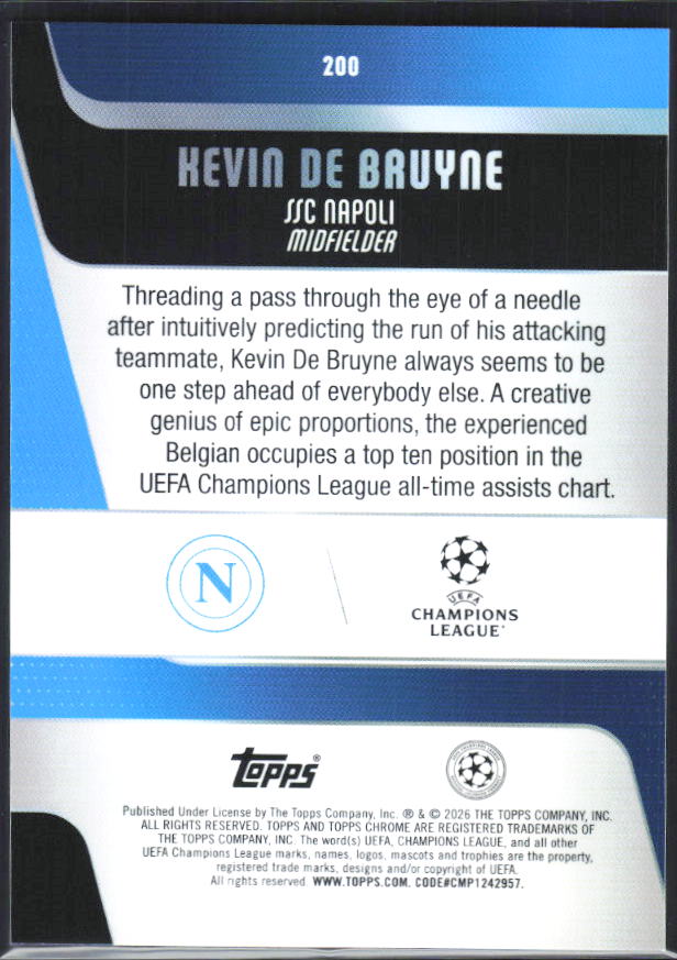 Kevin De Bruyne – 2025-26 Topps Chrome UEFA Club Competitions #200 – baksida