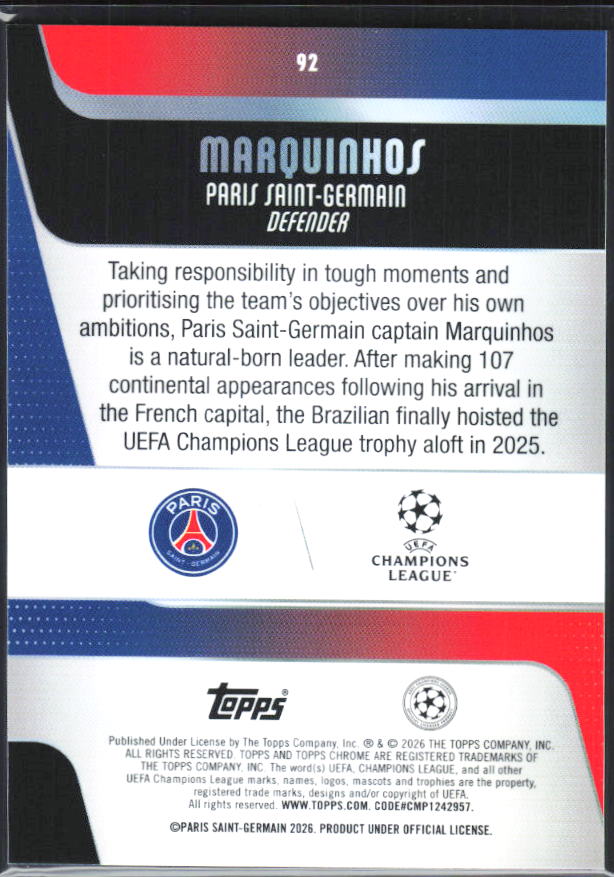 Marquinhos – 2025-26 Topps Chrome UEFA Club Competitions #92 – baksida