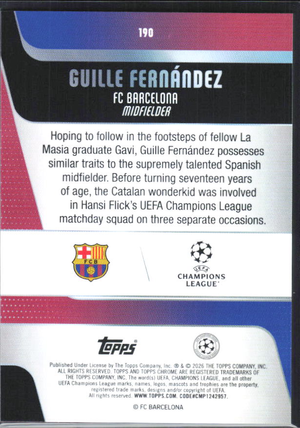 Guille Fernández – 2025-26 Topps Chrome UEFA Club Competitions #190 – baksida