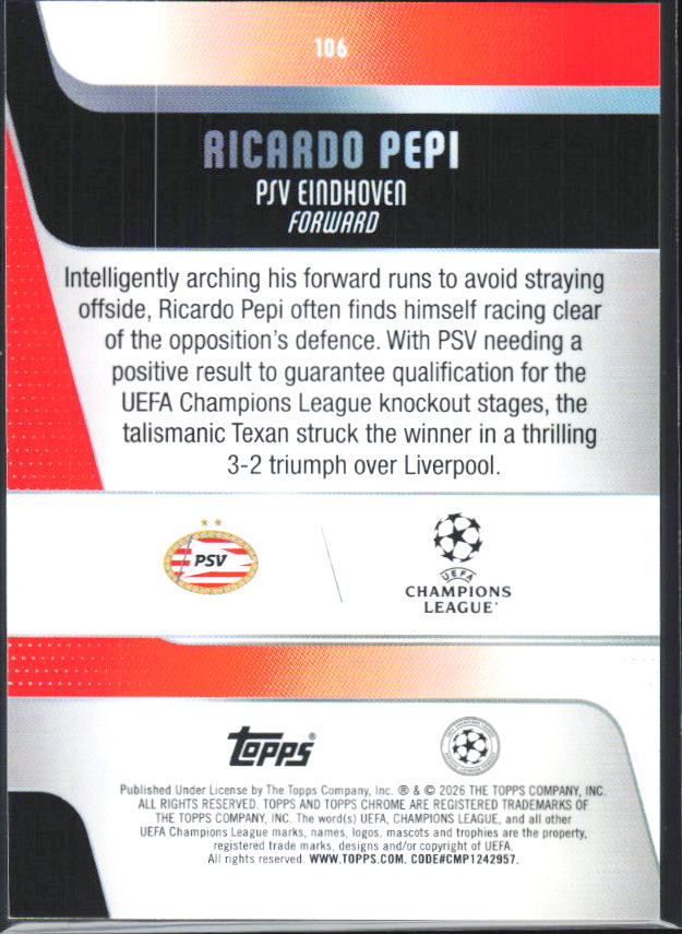 Ricardo Pepi – 2025-26 Topps Chrome UEFA Club Competitions #106 – baksida