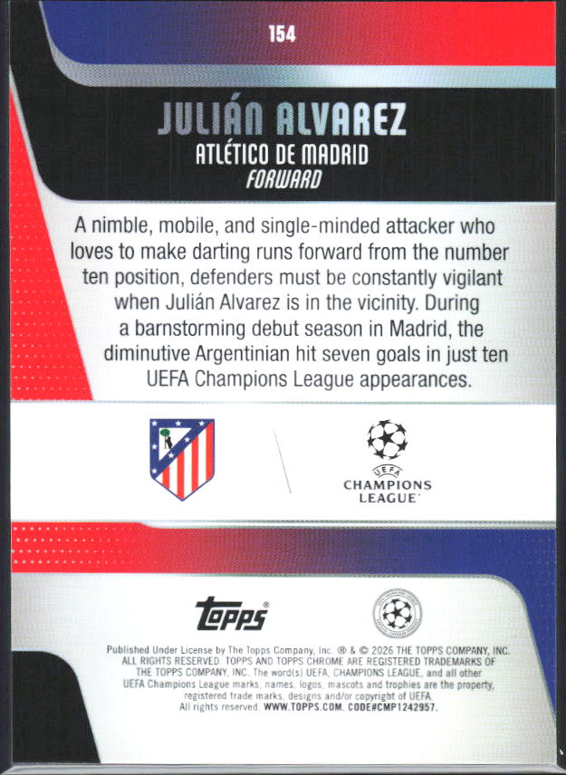 Julián Alvarez – 2025-26 Topps Chrome UEFA Club Competitions #154 – baksida