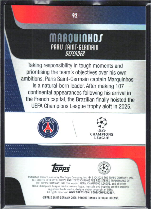 Marquinhos – 2025-26 Topps Chrome UEFA Club Competitions #92 – baksida