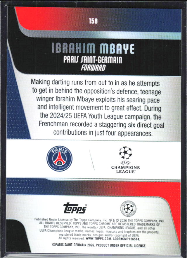 Ibrahim Mbaye – 2025-26 Topps Chrome UEFA Club Competitions #158 – baksida