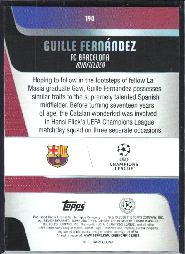 Guille Fernández – 2025-26 Topps Chrome UEFA Club Competitions #190 – baksida