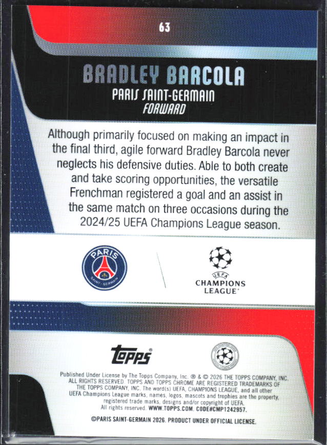 Bradley Barcola – 2025-26 Topps Chrome UEFA Club Competitions #63 – baksida