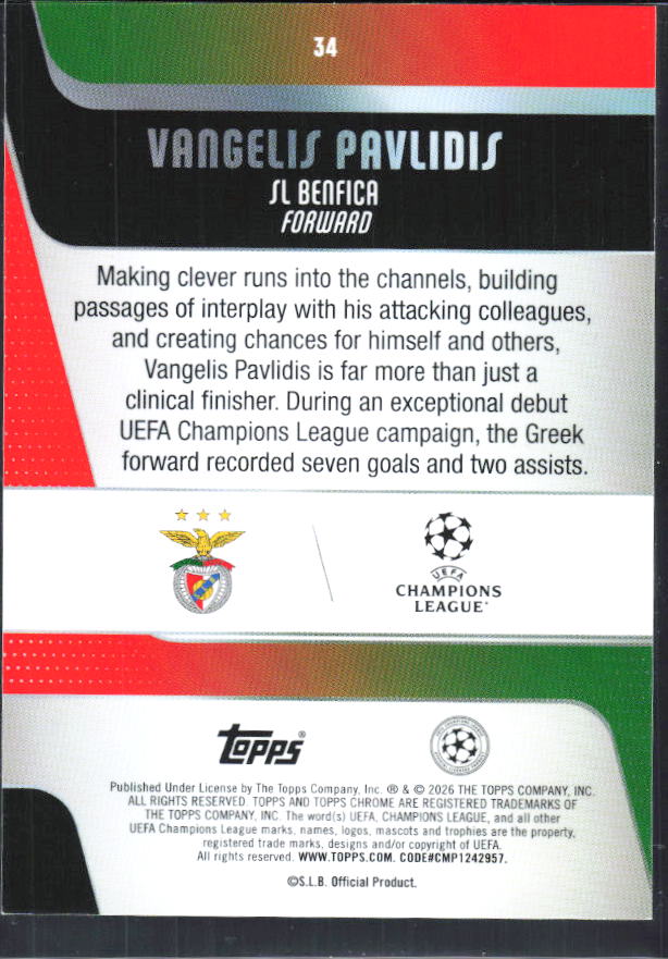 Vangelis Pavlidis – 2025-26 Topps Chrome UEFA Club Competitions #34 – baksida