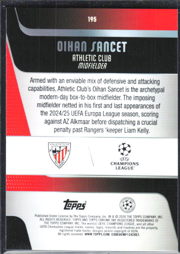 Oihan Sancet – 2025-26 Topps Chrome UEFA Club Competitions #195 – baksida