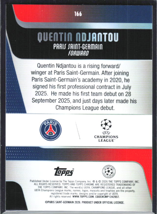 Quentin Ndjantou – 2025-26 Topps Chrome UEFA Club Competitions #166 – baksida