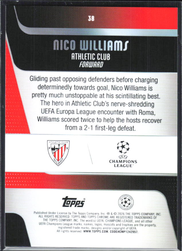 Nico Williams – 2025-26 Topps Chrome UEFA Club Competitions #38 – baksida