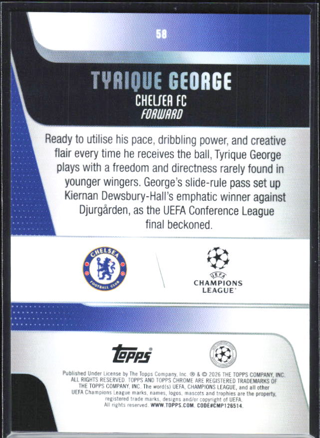 Tyrique George – 2025-26 Topps Chrome UEFA Club Competitions #58 – baksida