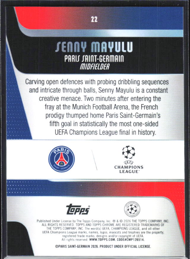Senny Mayulu – 2025-26 Topps Chrome UEFA Club Competitions #22 – baksida