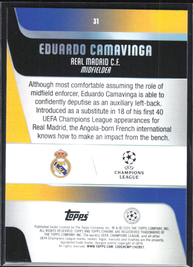 Eduardo Camavinga – 2025-26 Topps Chrome UEFA Club Competitions #31 – baksida