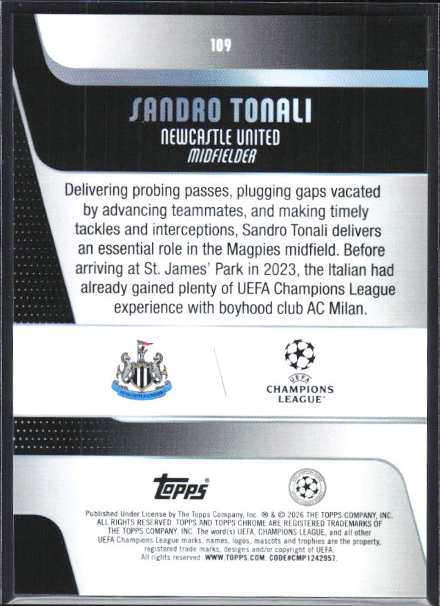 Sandro Tonali – 2025-26 Topps Chrome UEFA Club Competitions #109 – baksida
