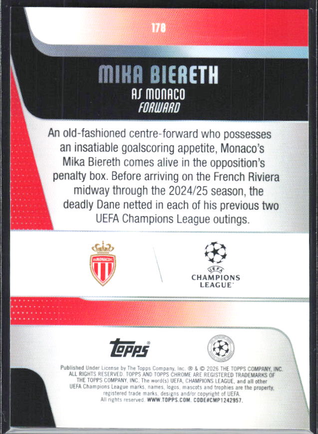 Mika Biereth – 2025-26 Topps Chrome UEFA Club Competitions #178 – baksida