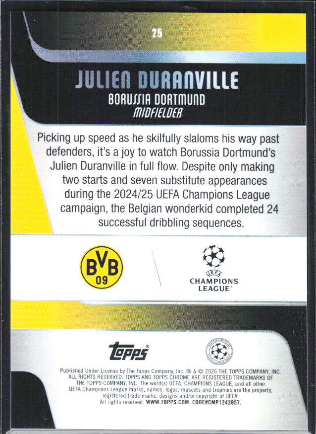 Julien Duranville – 2025-26 Topps Chrome UEFA Club Competitions #25 – baksida