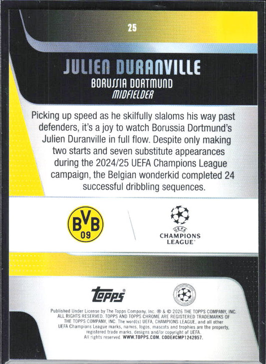 Julien Duranville – 2025-26 Topps Chrome UEFA Club Competitions #25 – baksida