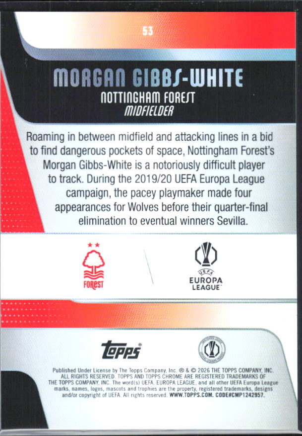 Morgan Gibbs-White – 2025-26 Topps Chrome UEFA Club Competitions #53 – baksida