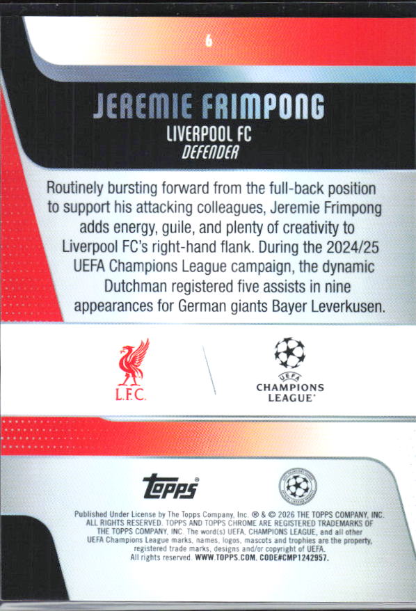 Jeremie Frimpong – 2025-26 Topps Chrome UEFA Club Competitions #6 – baksida
