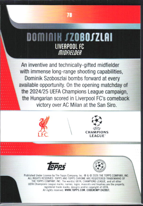 Dominik Szoboszlai – 2025-26 Topps Chrome UEFA Club Competitions #78 – baksida