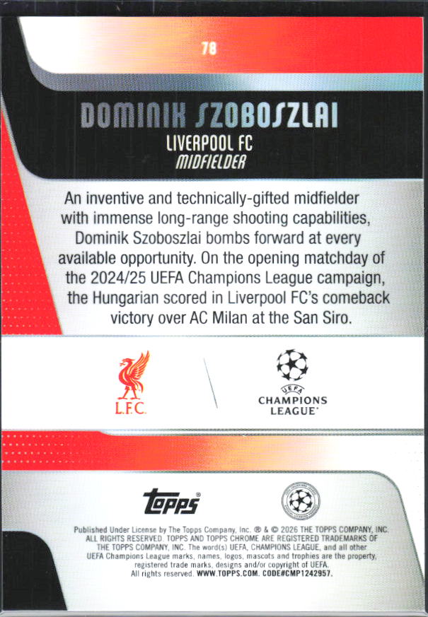 Dominik Szoboszlai – 2025-26 Topps Chrome UEFA Club Competitions #78 – baksida