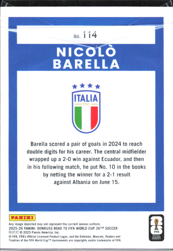 Nicolo Barella – 2025-26 Donruss Road to FIFA World Cup #114 – baksida