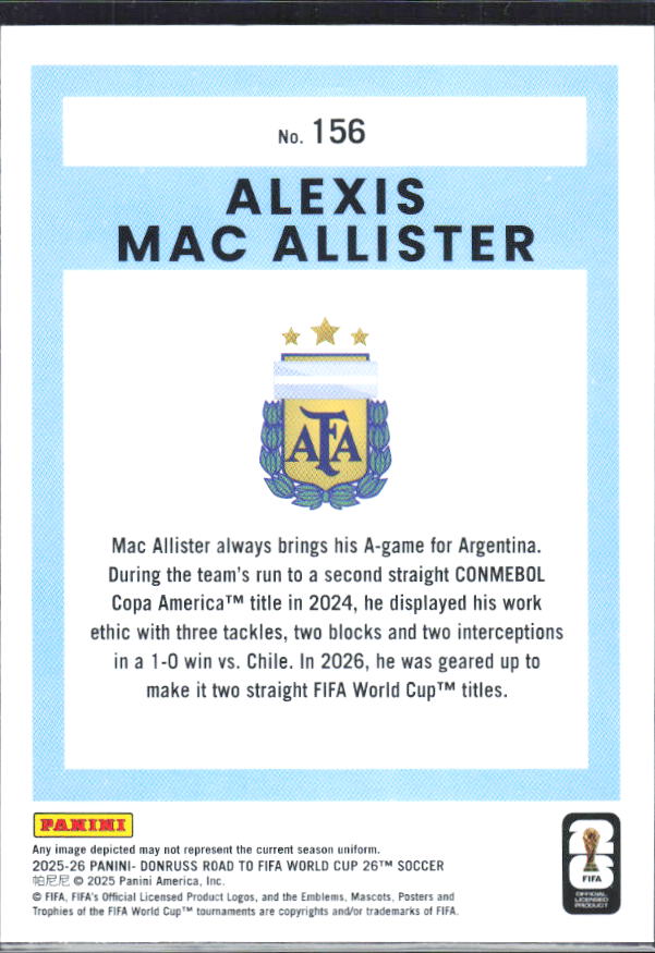Alexis Mac Allister – 2025-26 Donruss Road to FIFA World Cup #156 – baksida