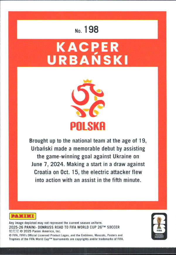 Kacper Urbanski – 2025-26 Donruss Road to FIFA World Cup #198 – baksida