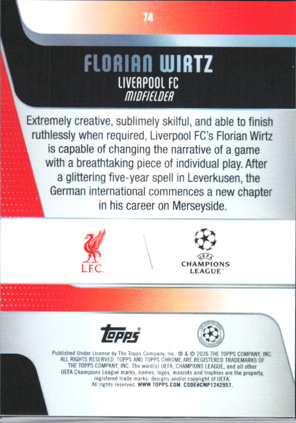 Florian Wirtz – 2025-26 Topps Chrome UEFA Club Competitions #74 – baksida