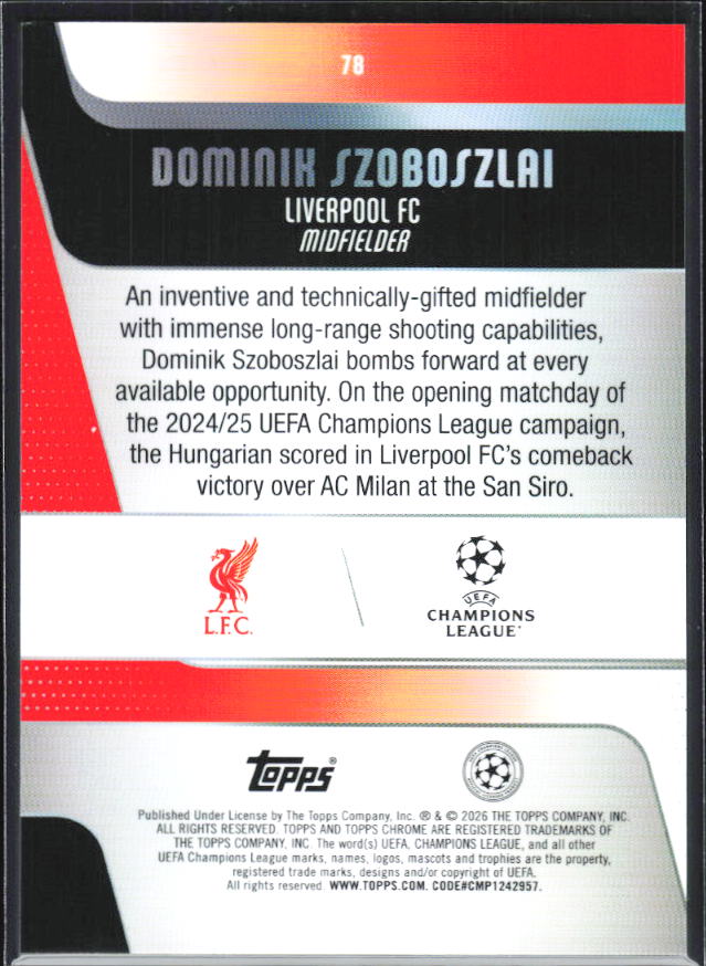 Dominik Szoboszlai – 2025-26 Topps Chrome UEFA Club Competitions #78 – baksida