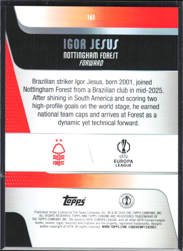 Igor Jesus – 2025-26 Topps Chrome UEFA Club Competitions #161 – baksida