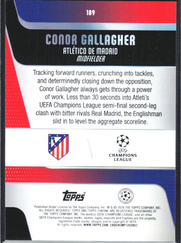 Conor Gallagher – 2025-26 Topps Chrome UEFA Club Competitions #189 – baksida