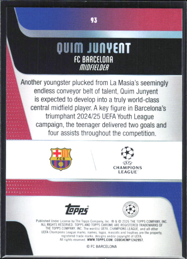 Quim Junyent – 2025-26 Topps Chrome UEFA Club Competitions #93 – baksida