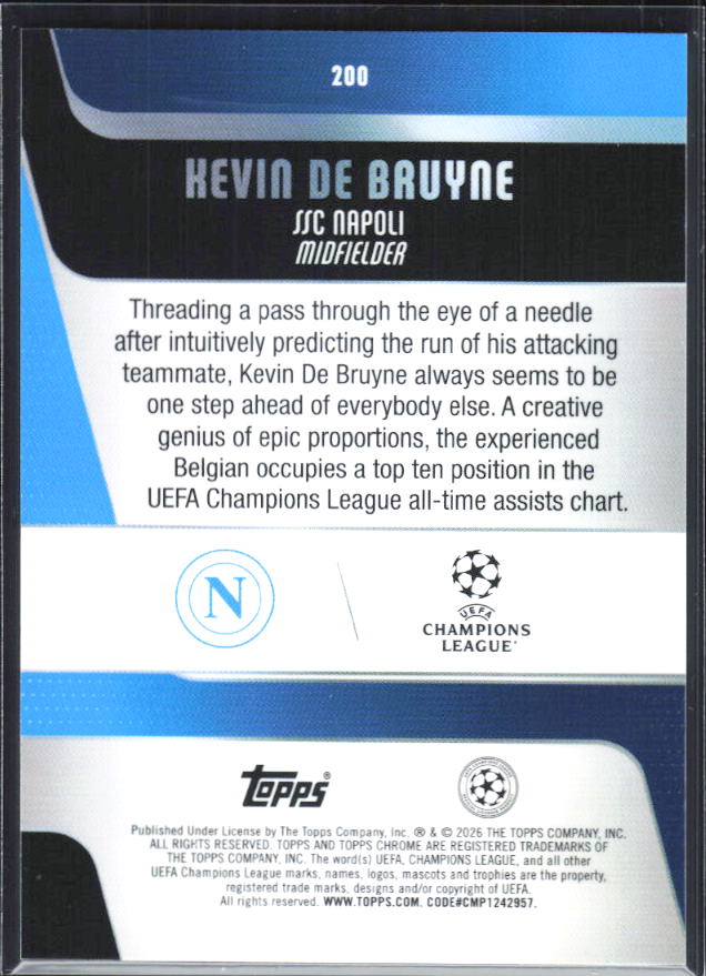 Kevin De Bruyne – 2025-26 Topps Chrome UEFA Club Competitions #200 – baksida