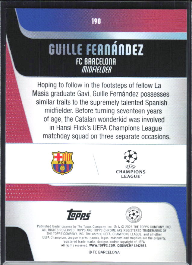 Guille Fernández – 2025-26 Topps Chrome UEFA Club Competitions #190 – baksida