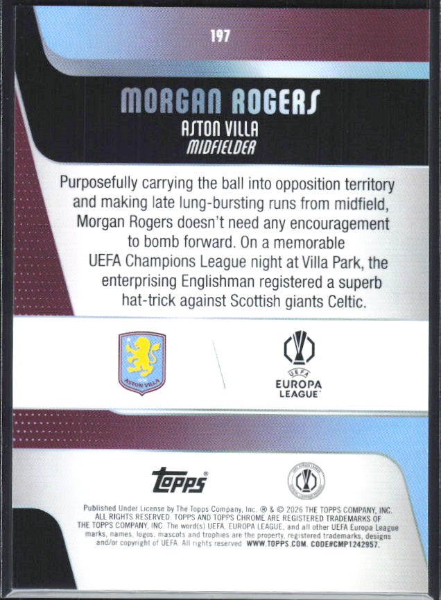Morgan Rogers – 2025-26 Topps Chrome UEFA Club Competitions #197 – baksida