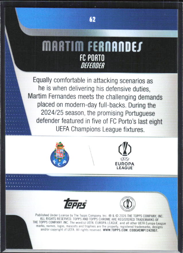 Martim Fernandes – 2025-26 Topps Chrome UEFA Club Competitions #62 – baksida