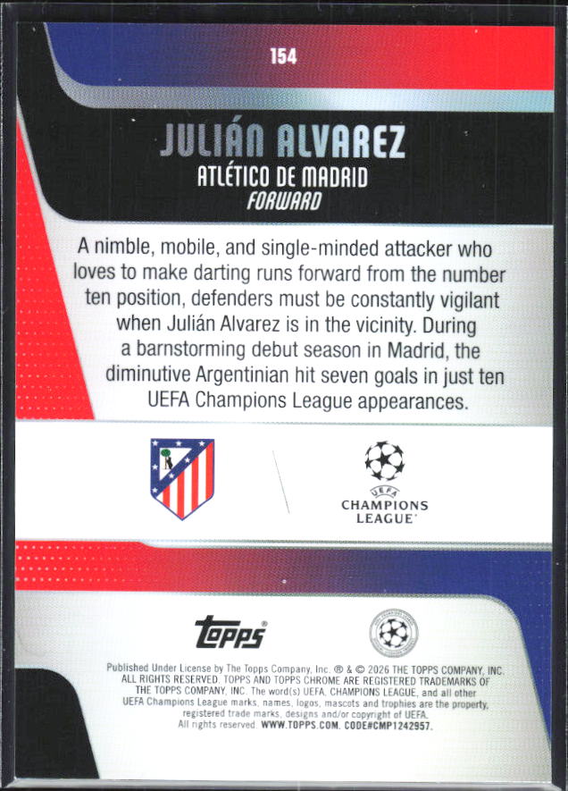 Julián Alvarez – 2025-26 Topps Chrome UEFA Club Competitions #154 – baksida