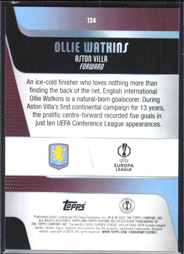 Ollie Watkins – 2025-26 Topps Chrome UEFA Club Competitions #124 – baksida
