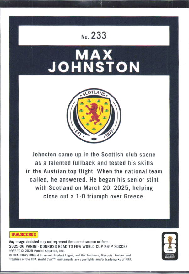 Max Johnston – 2025-26 Donruss Road to FIFA World Cup #233 – baksida