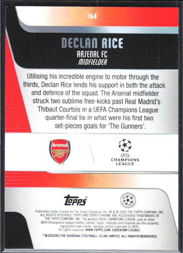Declan Rice – 2025-26 Topps Chrome UEFA Club Competitions #164 – baksida